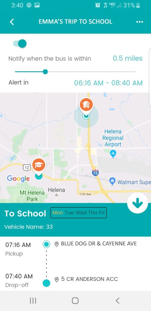 Screenshot: Edulog Parent Portal - Trip to School