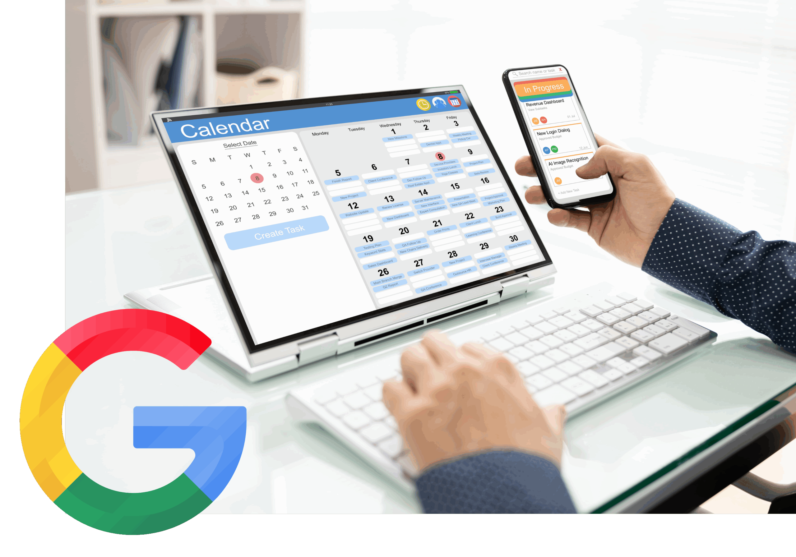 a computer screen is open with a calendar on it as well as a phone open with a calendar. The Google G is depicted in the bottom left corner.